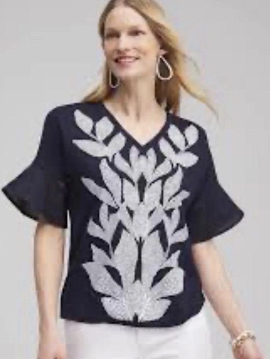Chico's Tops - Chicos Linen Navy  White Leaf Print V-Neck Flutter Sleeve Top SZ 1/M